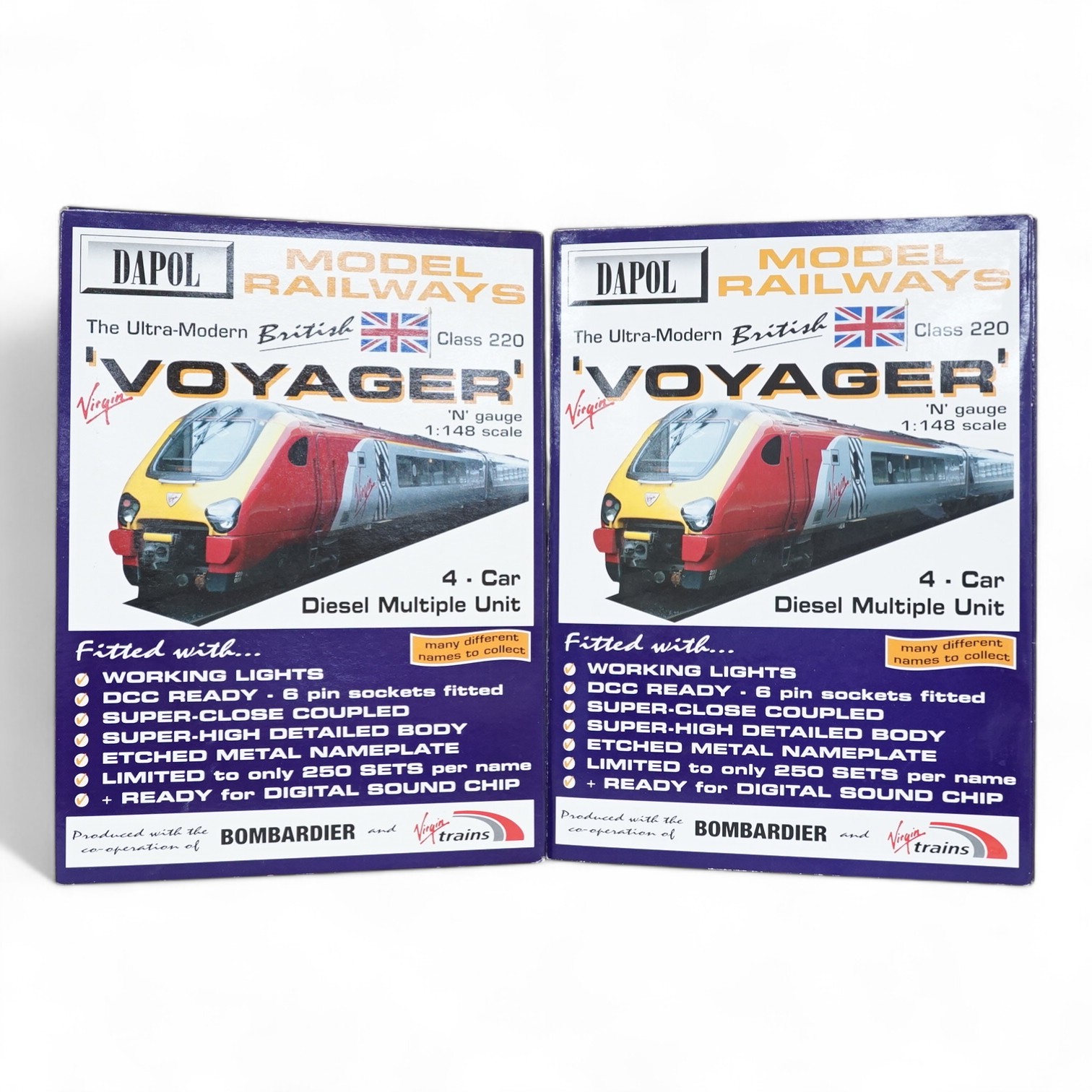 Two boxed Dapol N gauge railway Virgin Trains Class 220 ‘Voyager’ 4-car DMU train packs; Cumbrian Voyager 220004 (ND063A) and Thames Voyager 220007 (ND063B). Condition - good.
